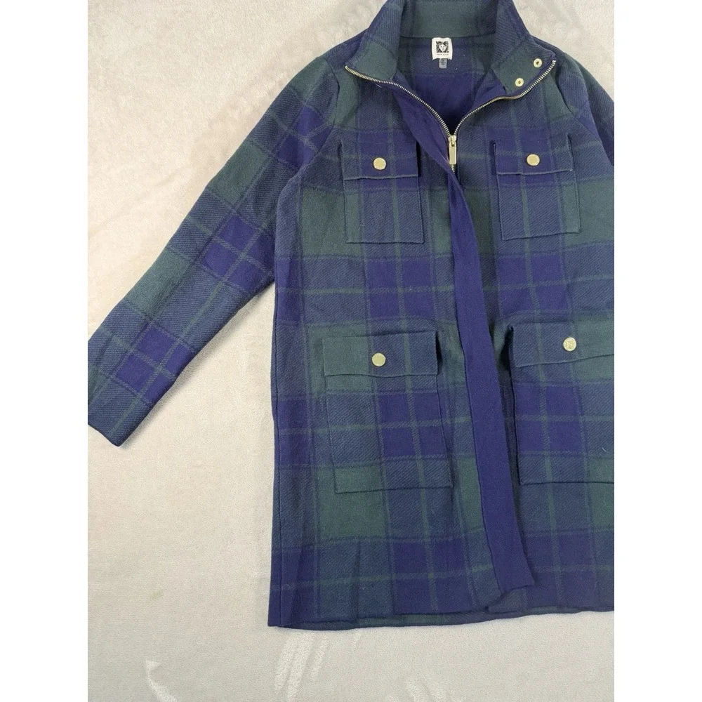 Anne Klein Plaid Sweater Jacket Womens Medium Blue Green Tartan Zip Up Mock Neck